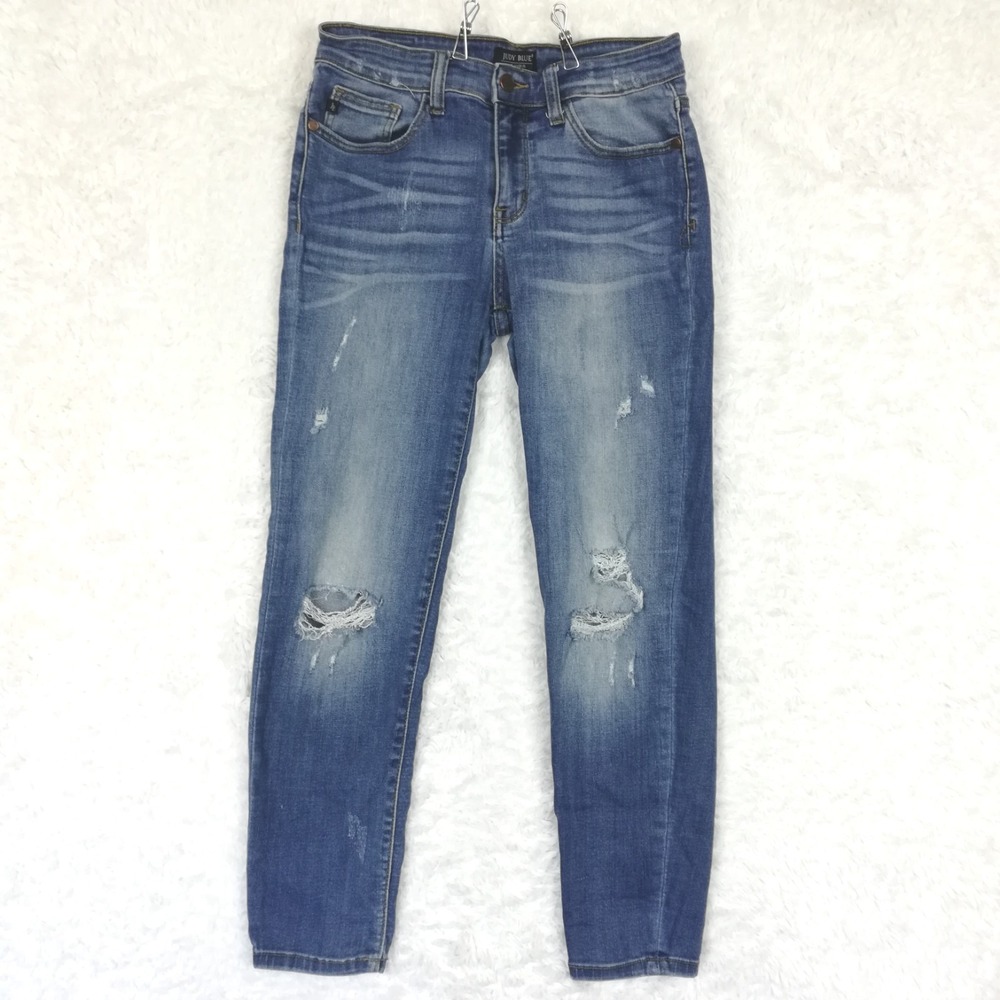 Judy Blue Womens Jeans Relaxed Fit Blue Denim Distressed Whiskering Stretch 9
